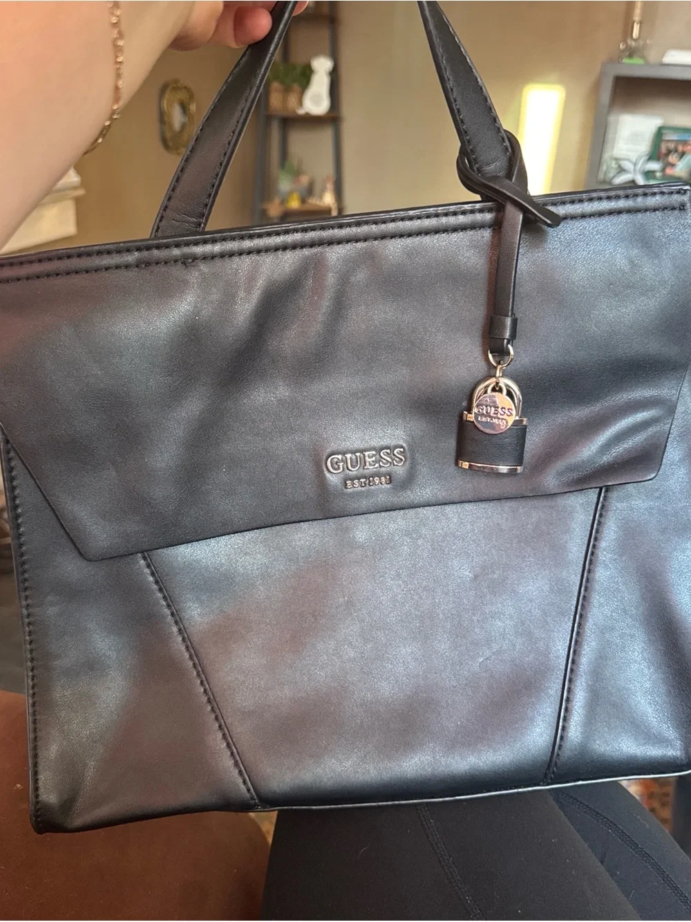GUESS Black Faux Leather Tote with Padlock Charm